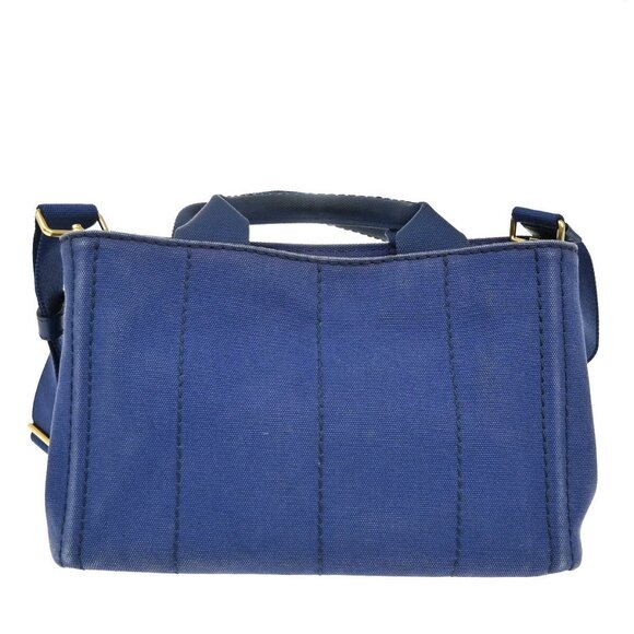 PRADA Logo CANAPA 2Way Shoulder Hand Bag Canvas Leather Blue GHW Italy - Picture 2 of 6